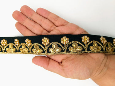 Black Silk Fabric Lace Trim Floral Embroidery & Indian Stones Kundan Embellishment, Decorative Sari Trim, Floral Border Trim By Yard